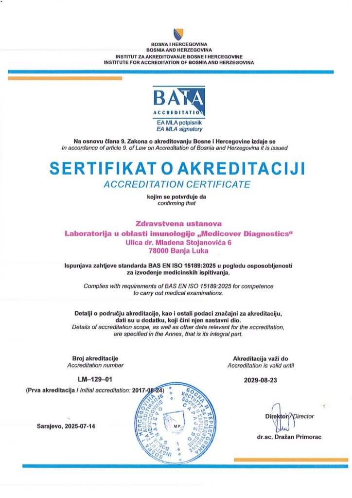 Sertifikat o akreditaciji BAS EN ISO 15189 2025